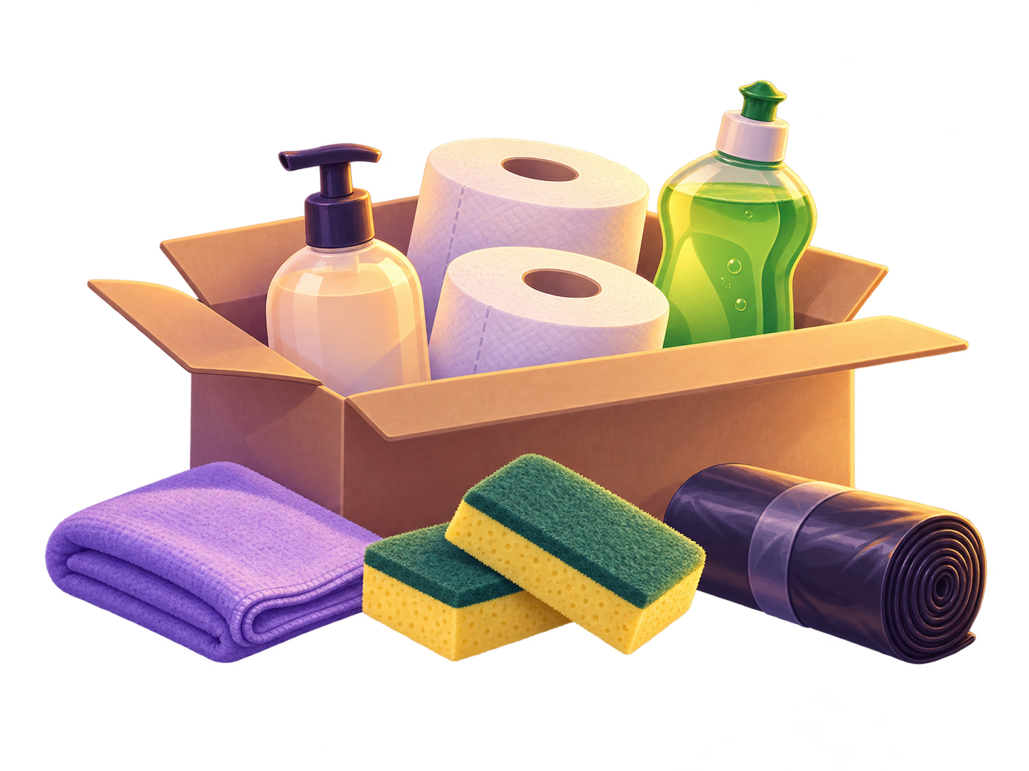 Illustration of the First Night package: hand soap, toilet paper, dishwashing liquid, sponges, a cleaning cloth and bin bags.