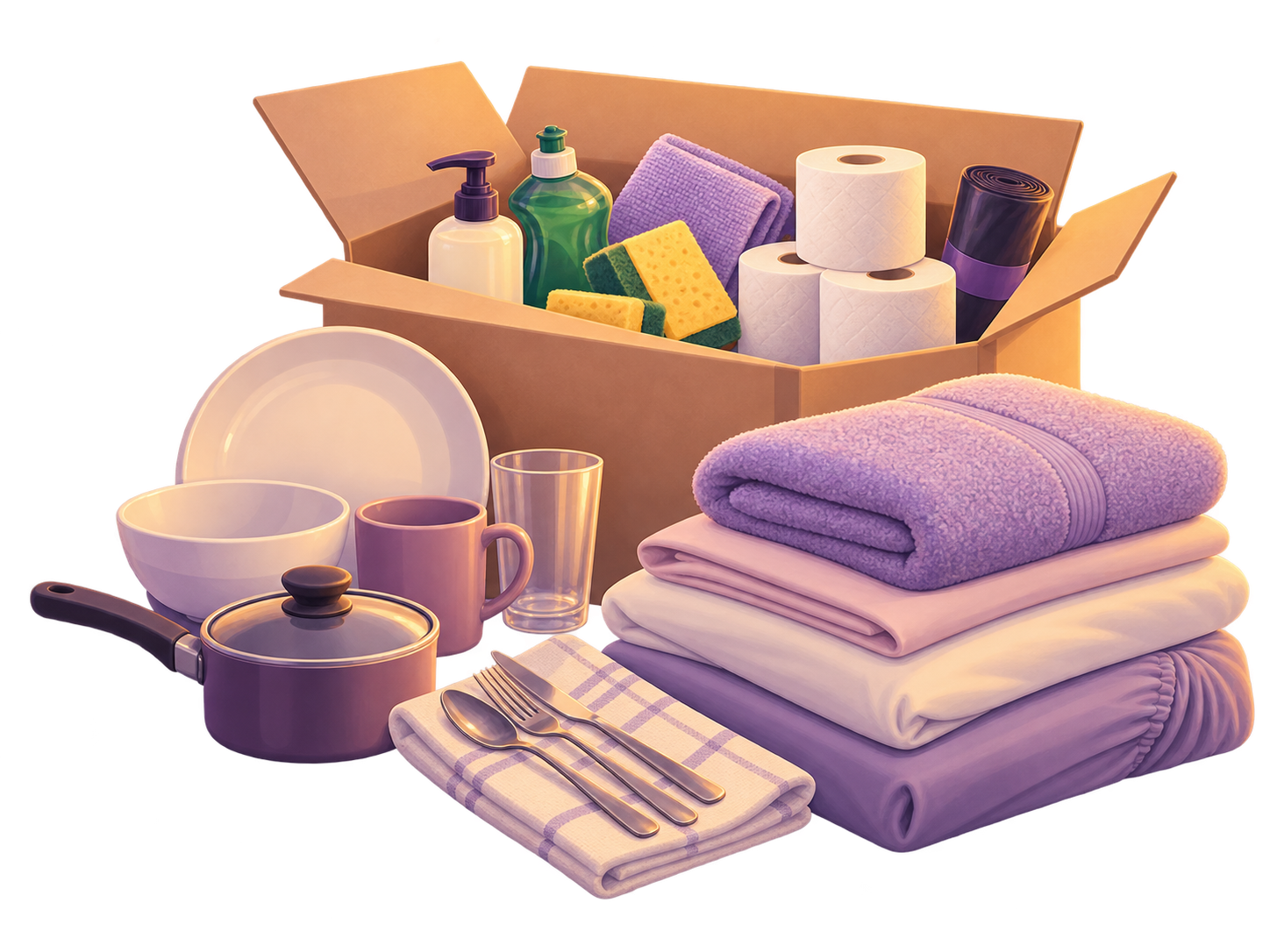 Illustration of the Home Comfort package: cleaning and kitchen basics plus folded bedsheet, duvet cover, pillowcase and bath towel.