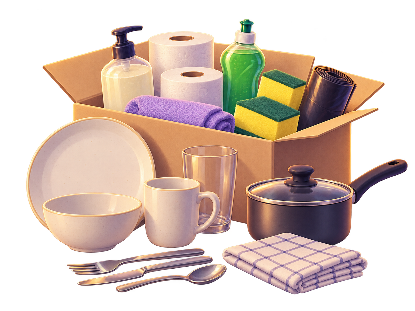 Illustration of the Settle In package: cleaning basics plus a plate, bowl, mug, glass, cutlery, saucepan and tea towel.